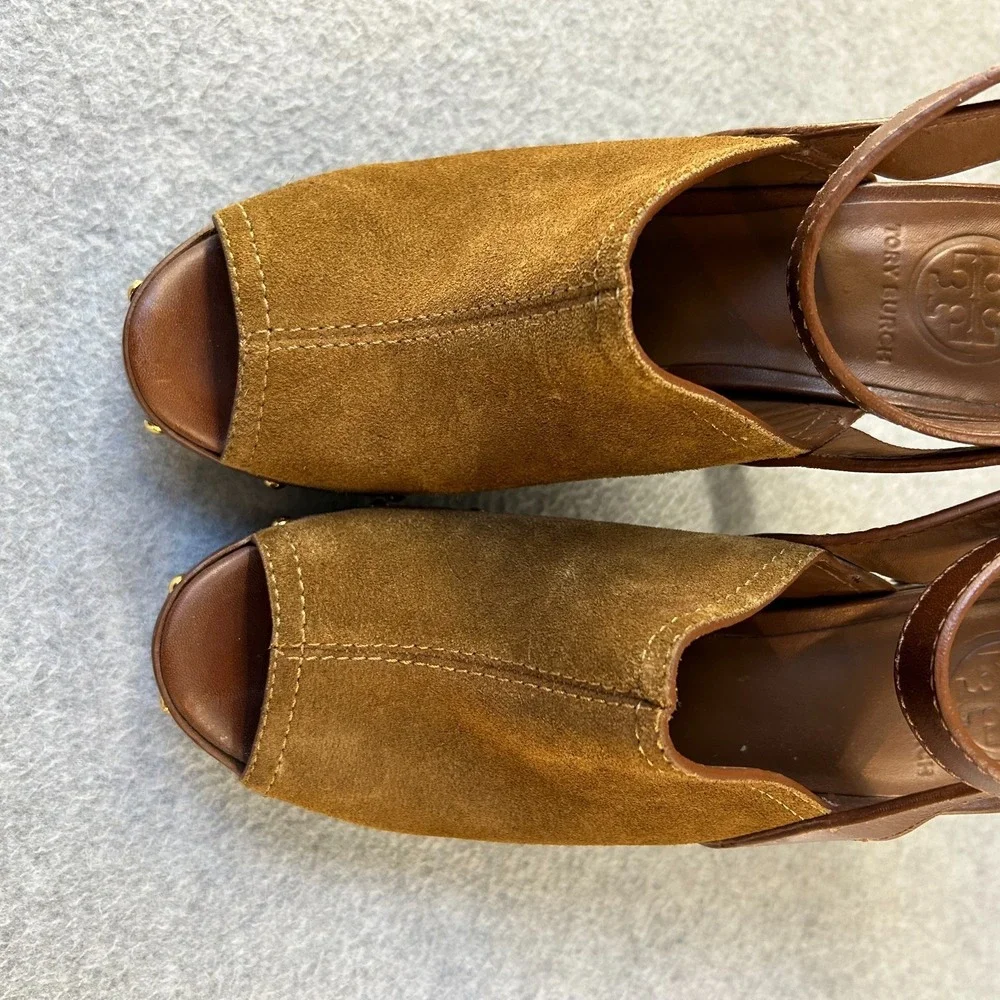 Tory Burch Bilson Heeled Clogs Shoes Brown Suede Leather Studded Womens Size 7